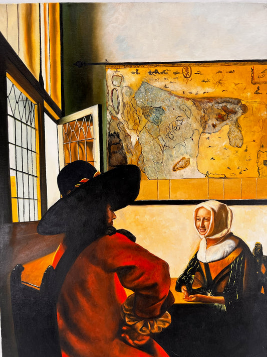 Johannes Vermeer – Soldato e ragazza sorridente – Olio su tela dipinto a mano (60 × 80 cm)