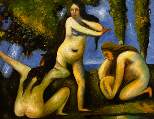 Bagnanti (da Paul Cézanne) – Olio su tela post-impressionista dipinto a mano (64 × 80 cm)