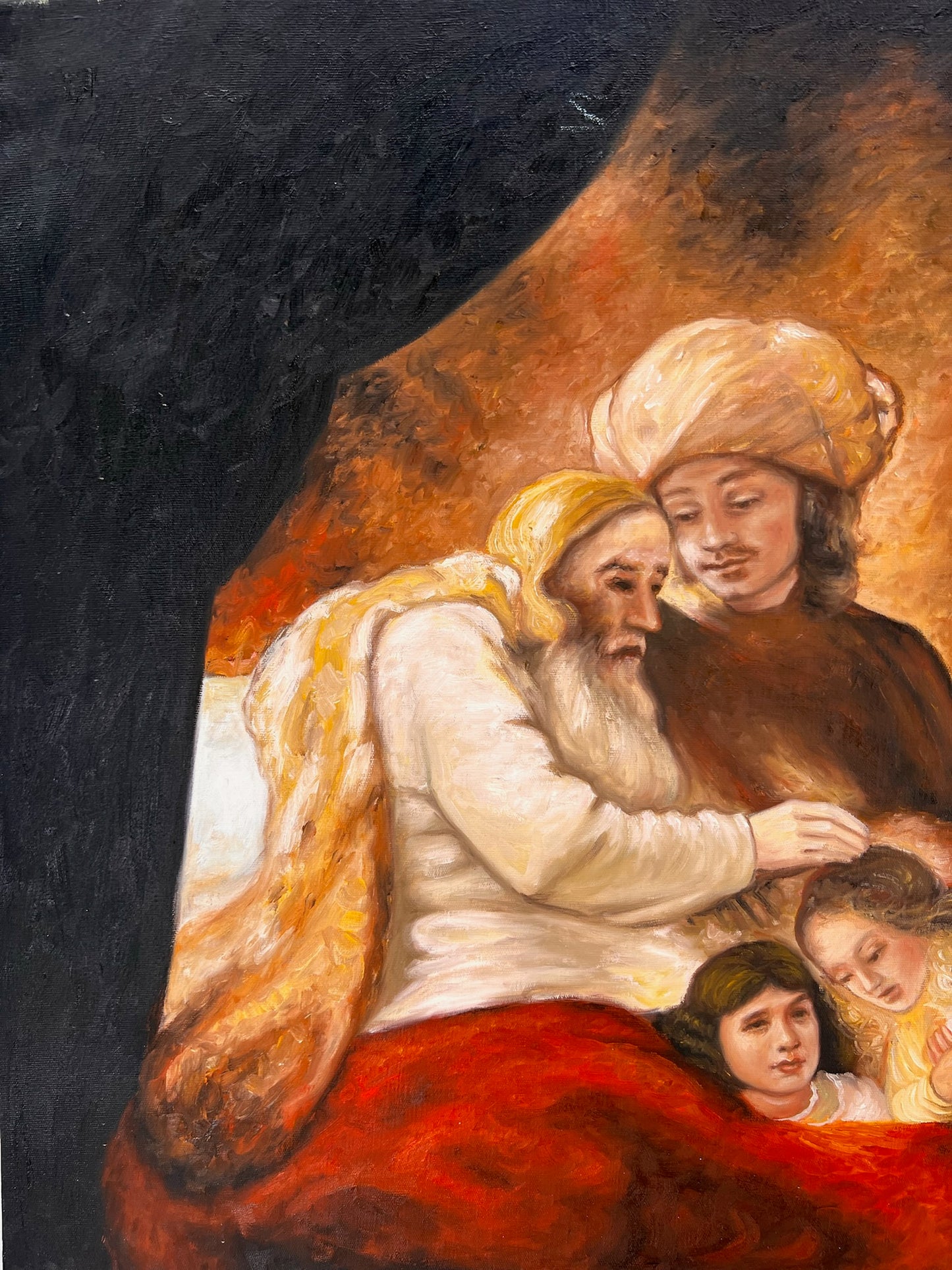 Giacobbe benedice i figli di Giuseppe (da Rembrandt van Rijn) – Olio su tela barocco dipinto a mano (64 × 80 cm)