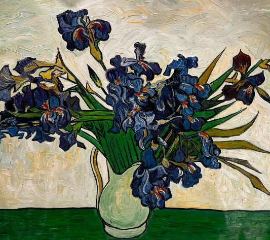 Vaso con iris (di Vincent van Gogh) – Dipinto a olio post-impressionista dipinto a mano su tela (73 × 92,5 cm)