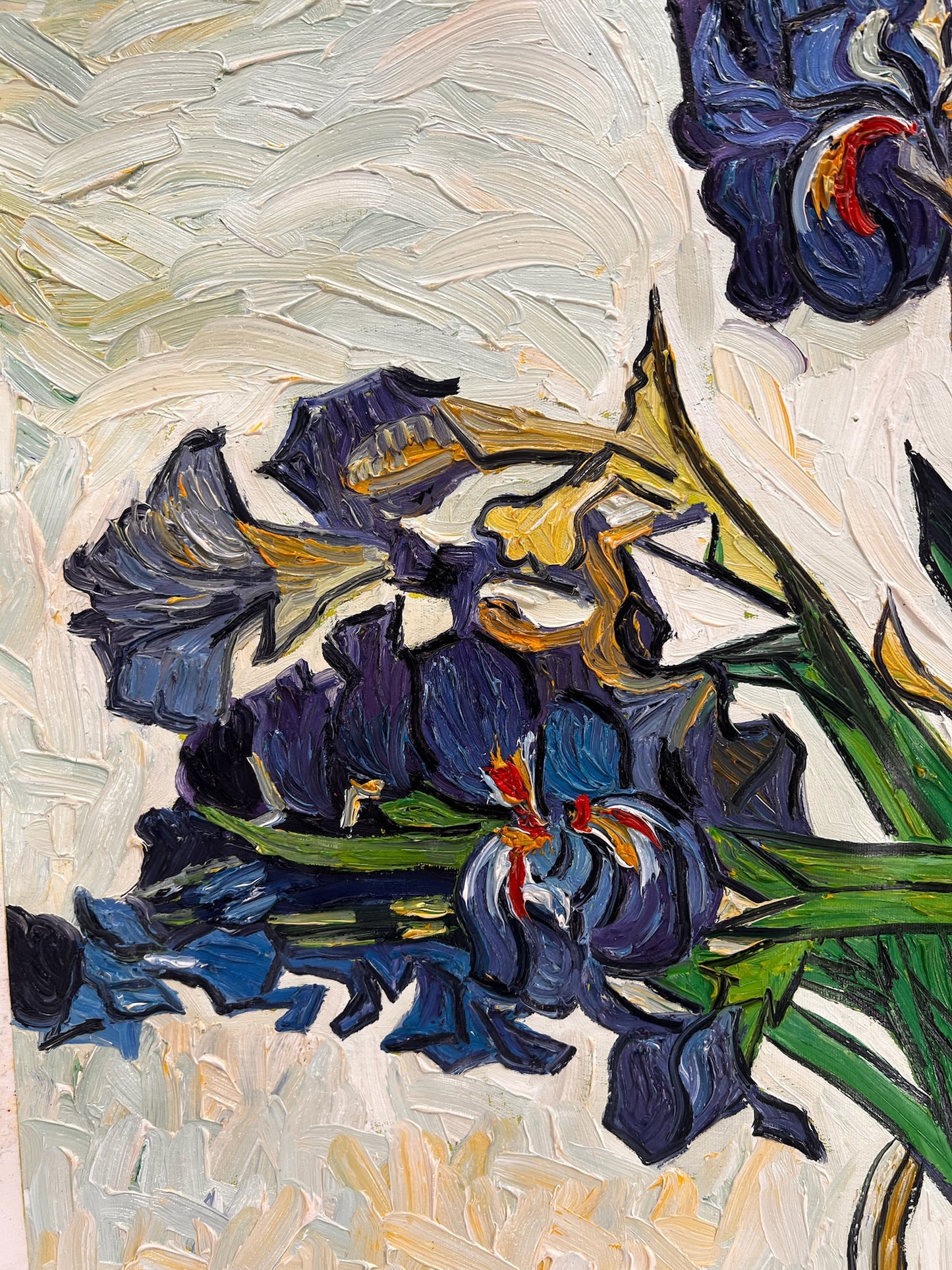 Vaso con iris (di Vincent van Gogh) – Dipinto a olio post-impressionista dipinto a mano su tela (73 × 92,5 cm)
