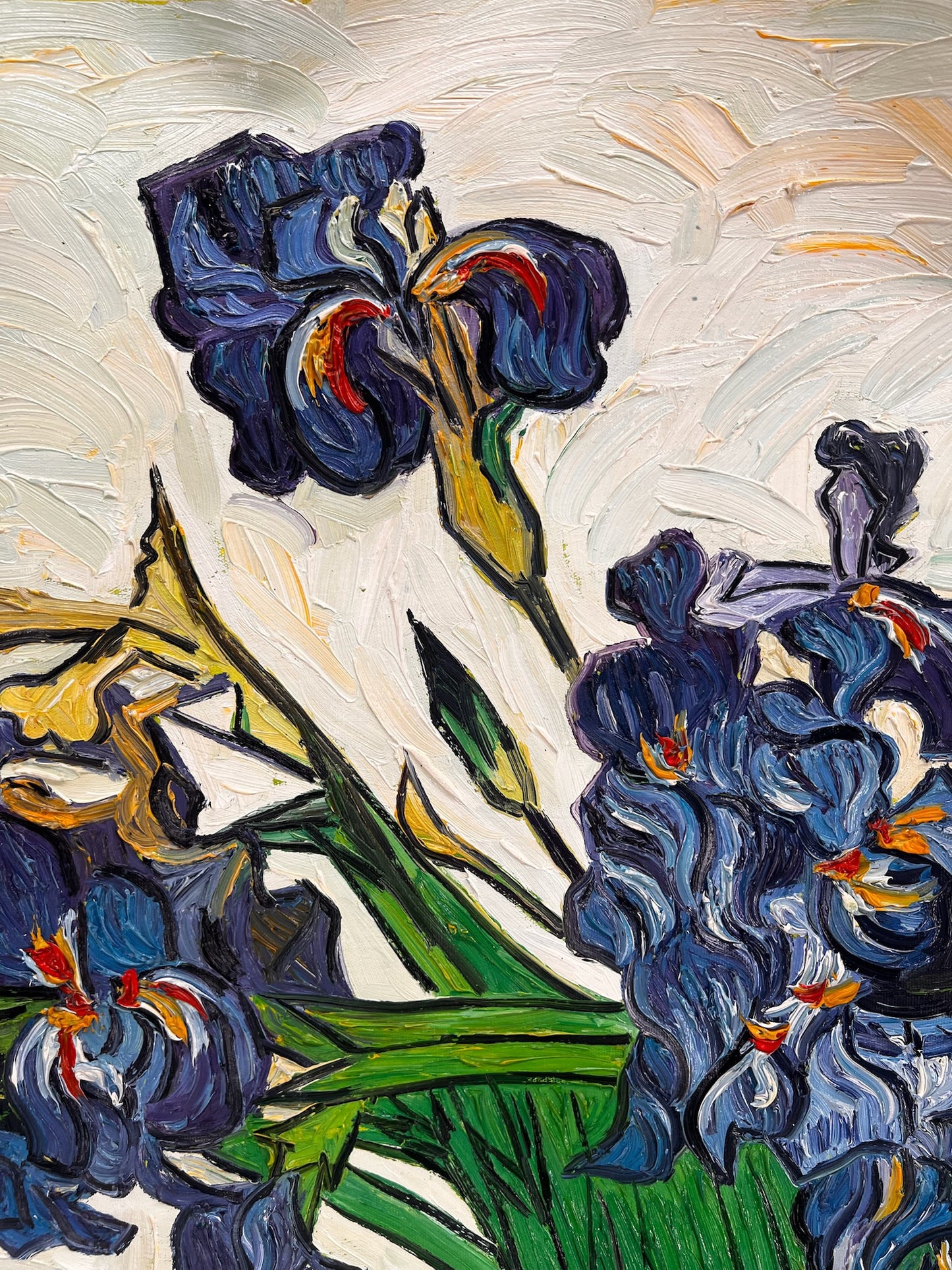 Vaso con iris (di Vincent van Gogh) – Dipinto a olio post-impressionista dipinto a mano su tela (73 × 92,5 cm)