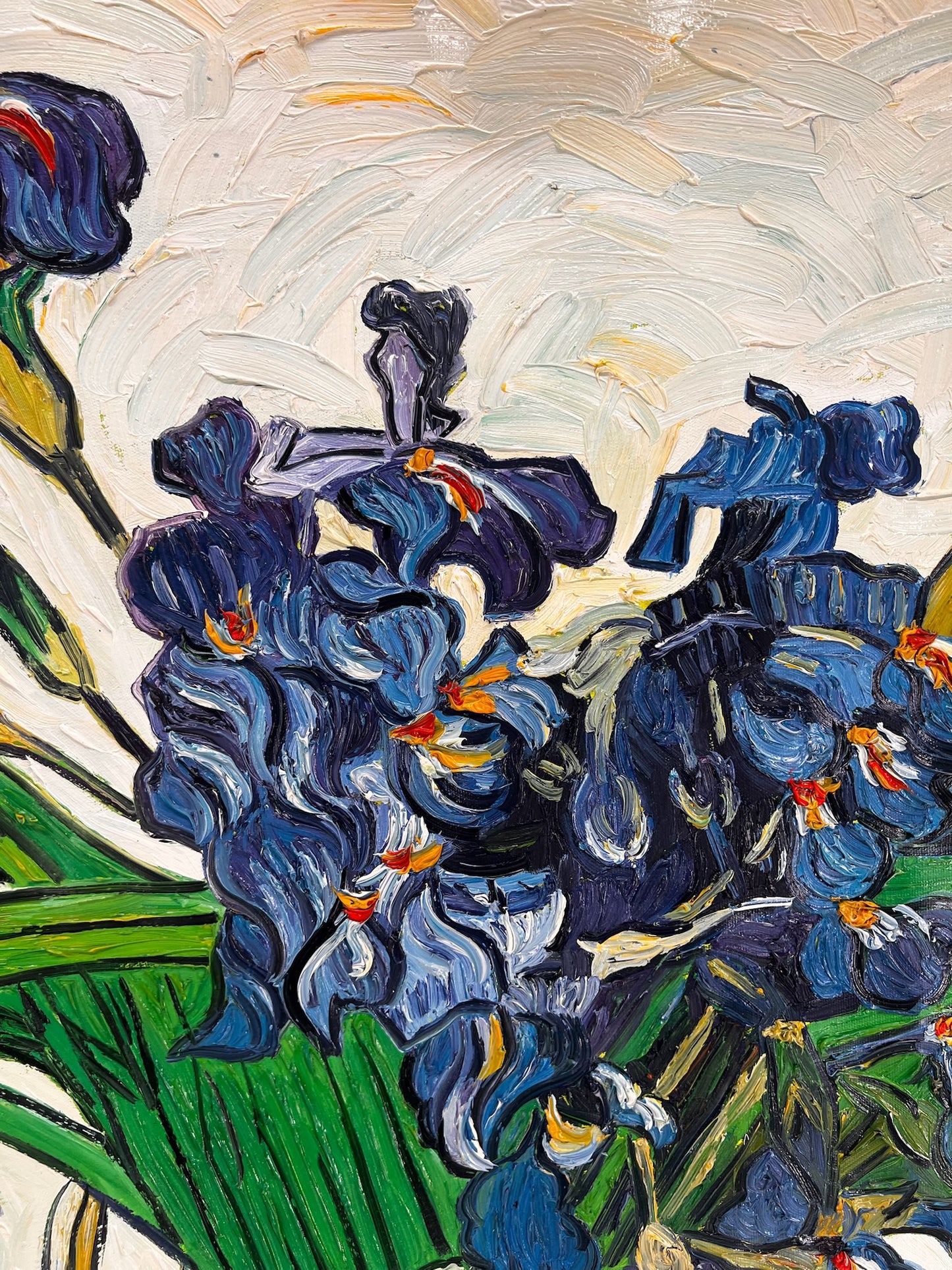 Vaso con iris (di Vincent van Gogh) – Dipinto a olio post-impressionista dipinto a mano su tela (73 × 92,5 cm)