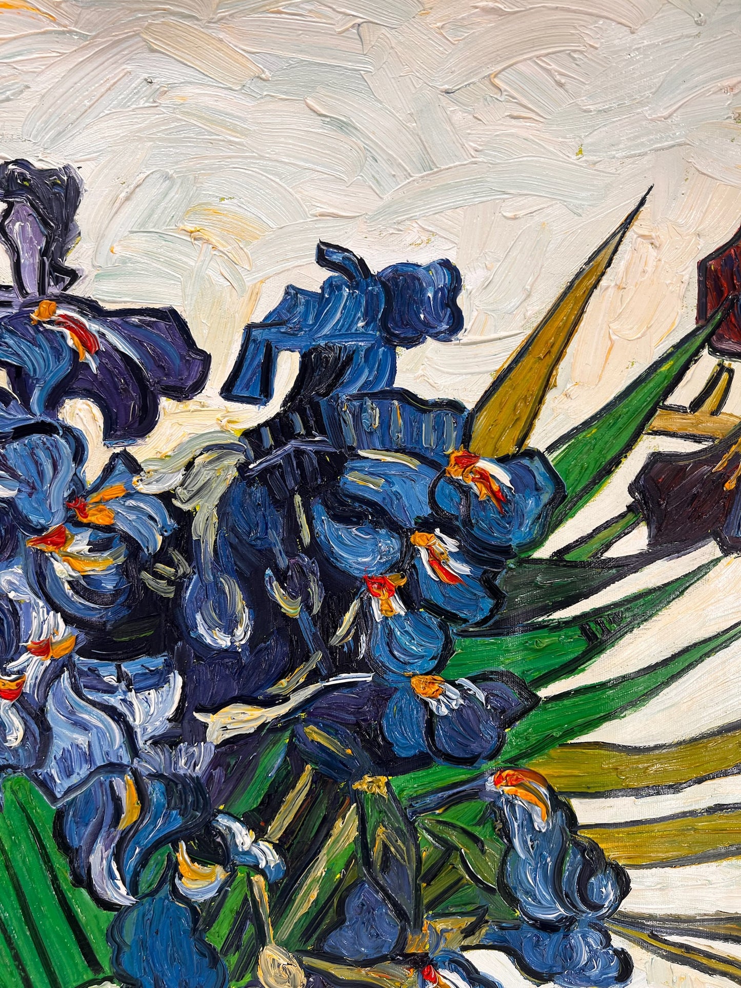 Vaso con iris (di Vincent van Gogh) – Dipinto a olio post-impressionista dipinto a mano su tela (73 × 92,5 cm)