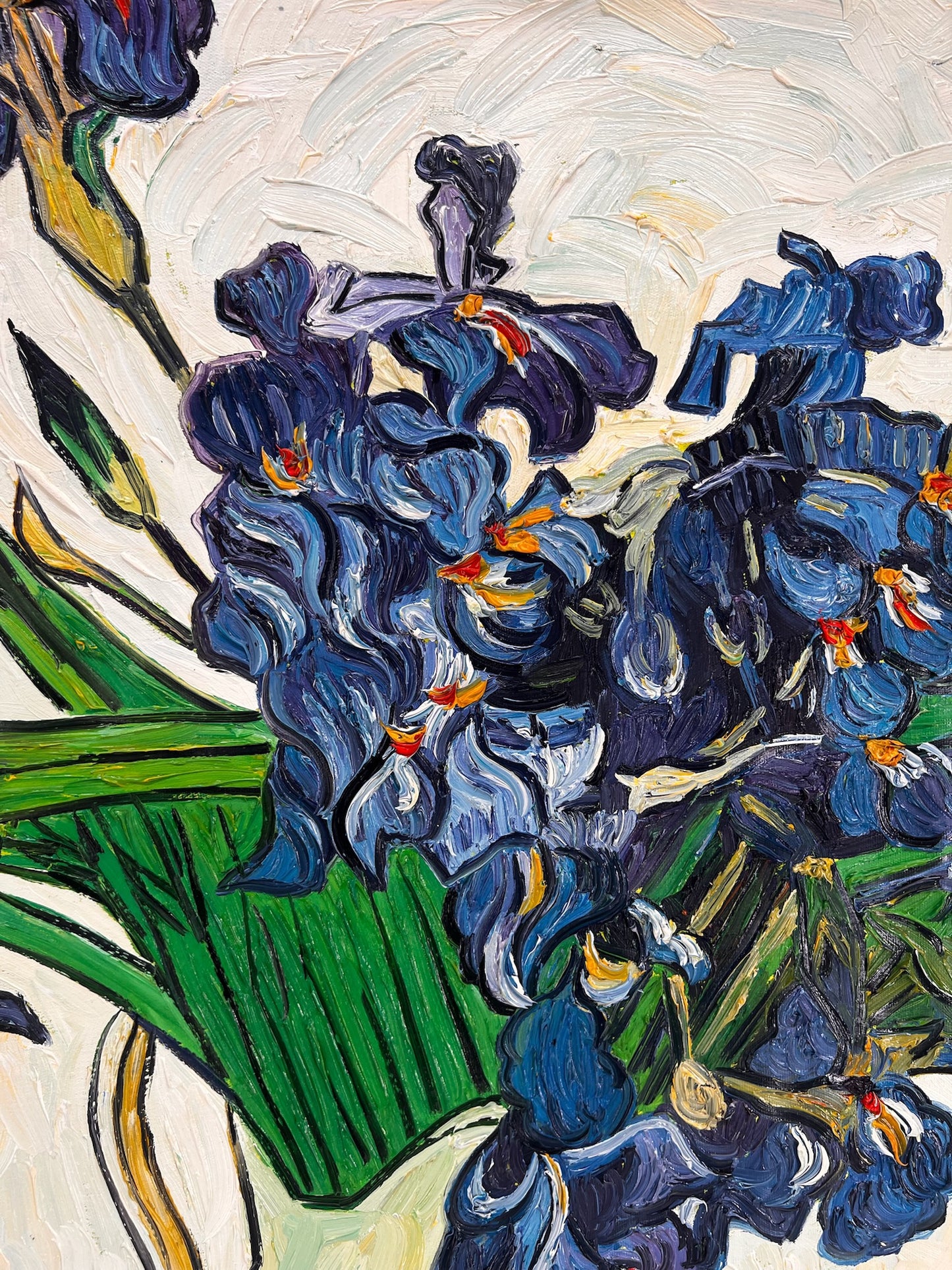 Vaso con iris (di Vincent van Gogh) – Dipinto a olio post-impressionista dipinto a mano su tela (73 × 92,5 cm)