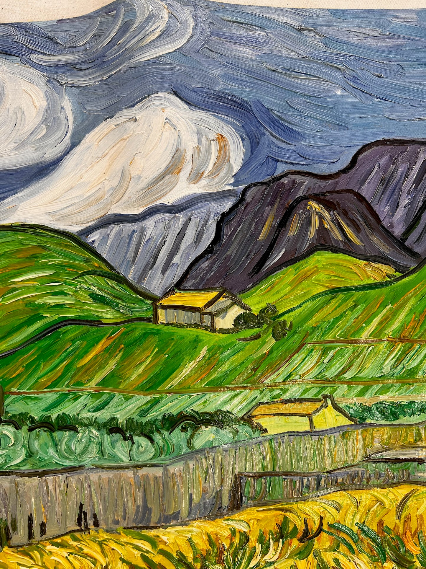Dipinto ad olio dipinto a mano di Van Gogh: Paesaggio dietro l'ospedale Saint-Paul (70 × 88,1 cm tela arrotolata)