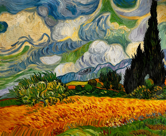 Dipinto a mano di Van Gogh Campo di grano con cipressi: pittura ad olio post-impressionista su tela