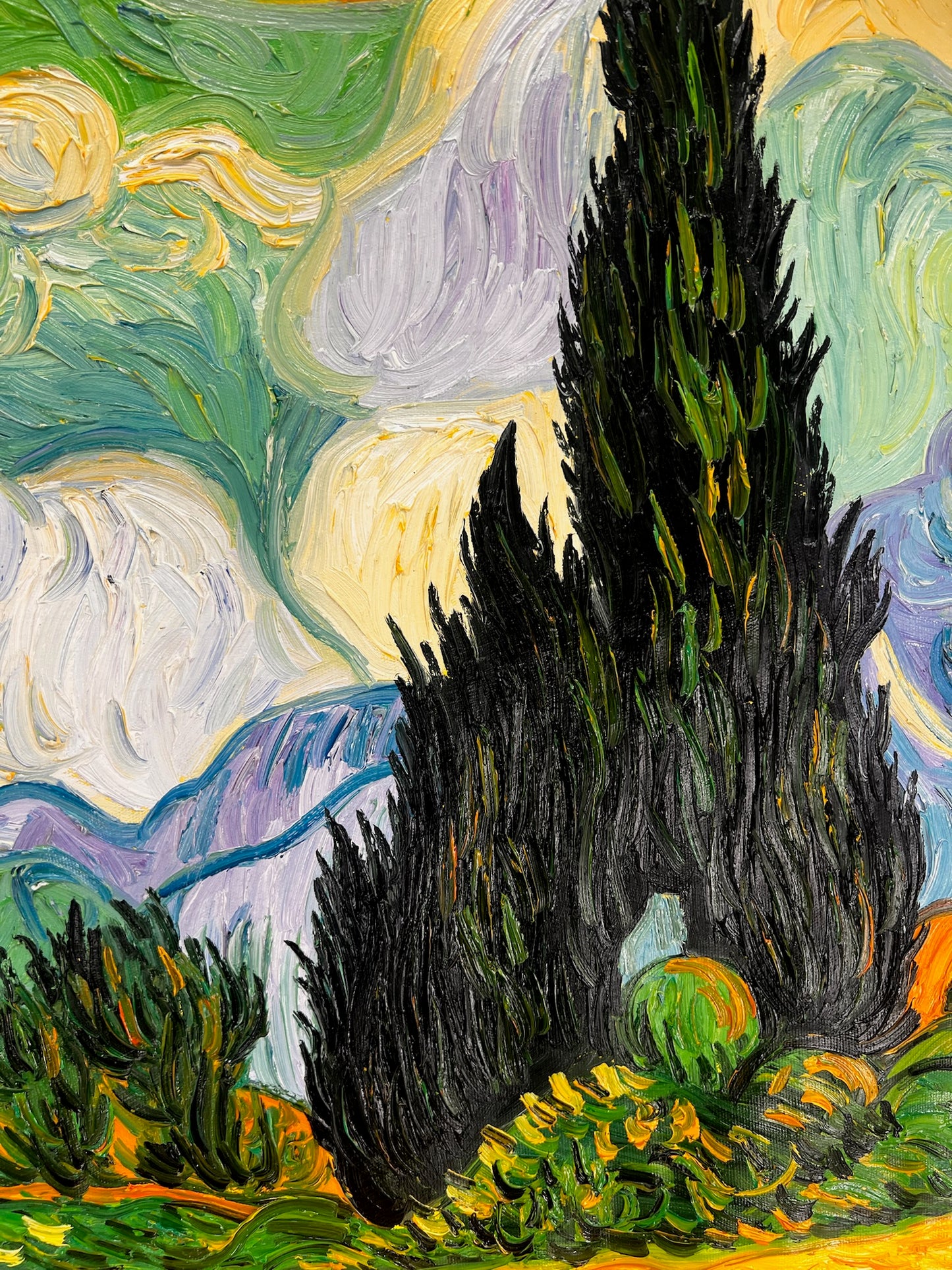 Dipinto a mano di Van Gogh Campo di grano con cipressi: pittura ad olio post-impressionista su tela