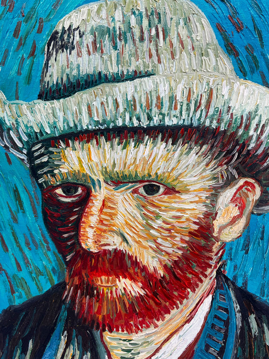 Dipinto a olio dipinto a mano in stile Van Gogh: Autoritratto con cappello di feltro grigio (54 × 65 cm)