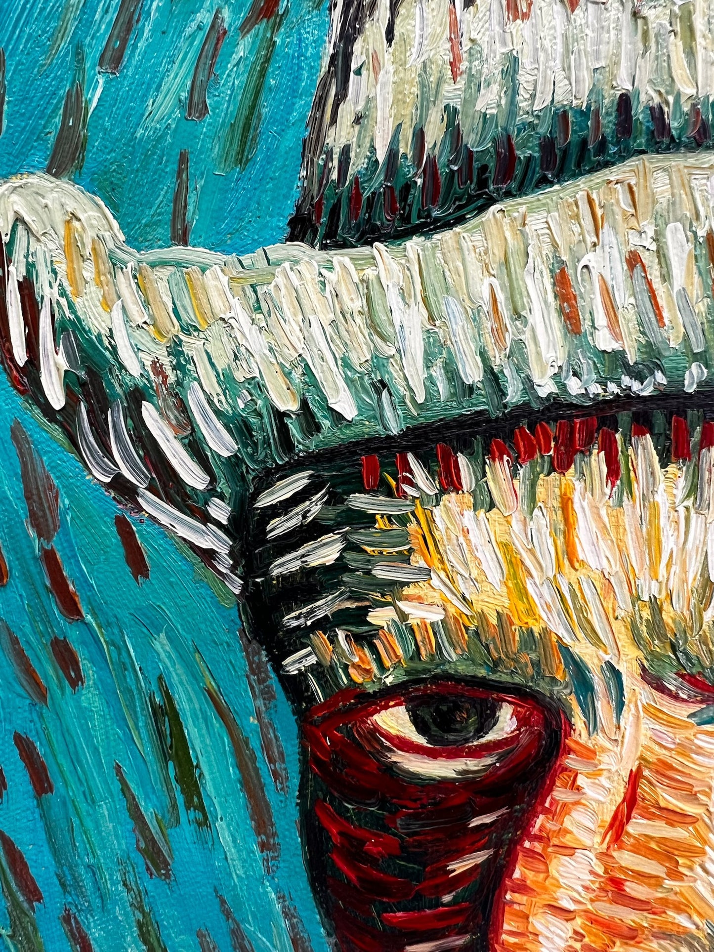 Dipinto a olio dipinto a mano in stile Van Gogh: Autoritratto con cappello di feltro grigio (54 × 65 cm)