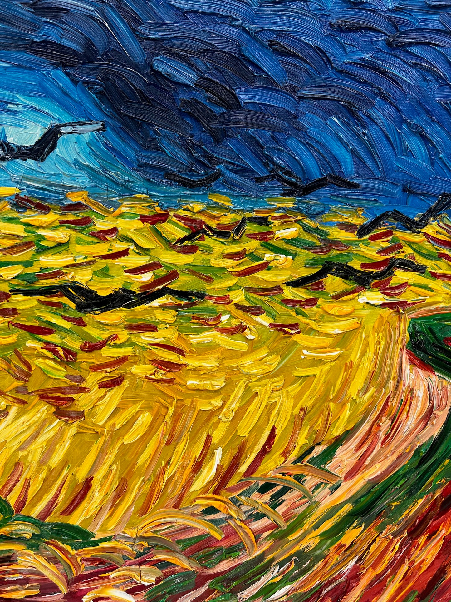 Campo di grano con corvi – Pittura a olio espressionista su tela (50,5 × 103 cm)