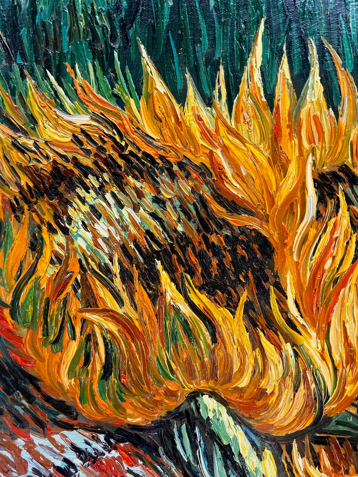 Natura morta con due girasoli – Dipinto a olio post-impressionista su tela (43 × 24,5 cm)