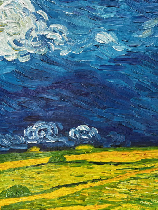 Dipinto a mano di Van Gogh Campo di grano sotto cieli minacciosi: pittura ad olio post-impressionista